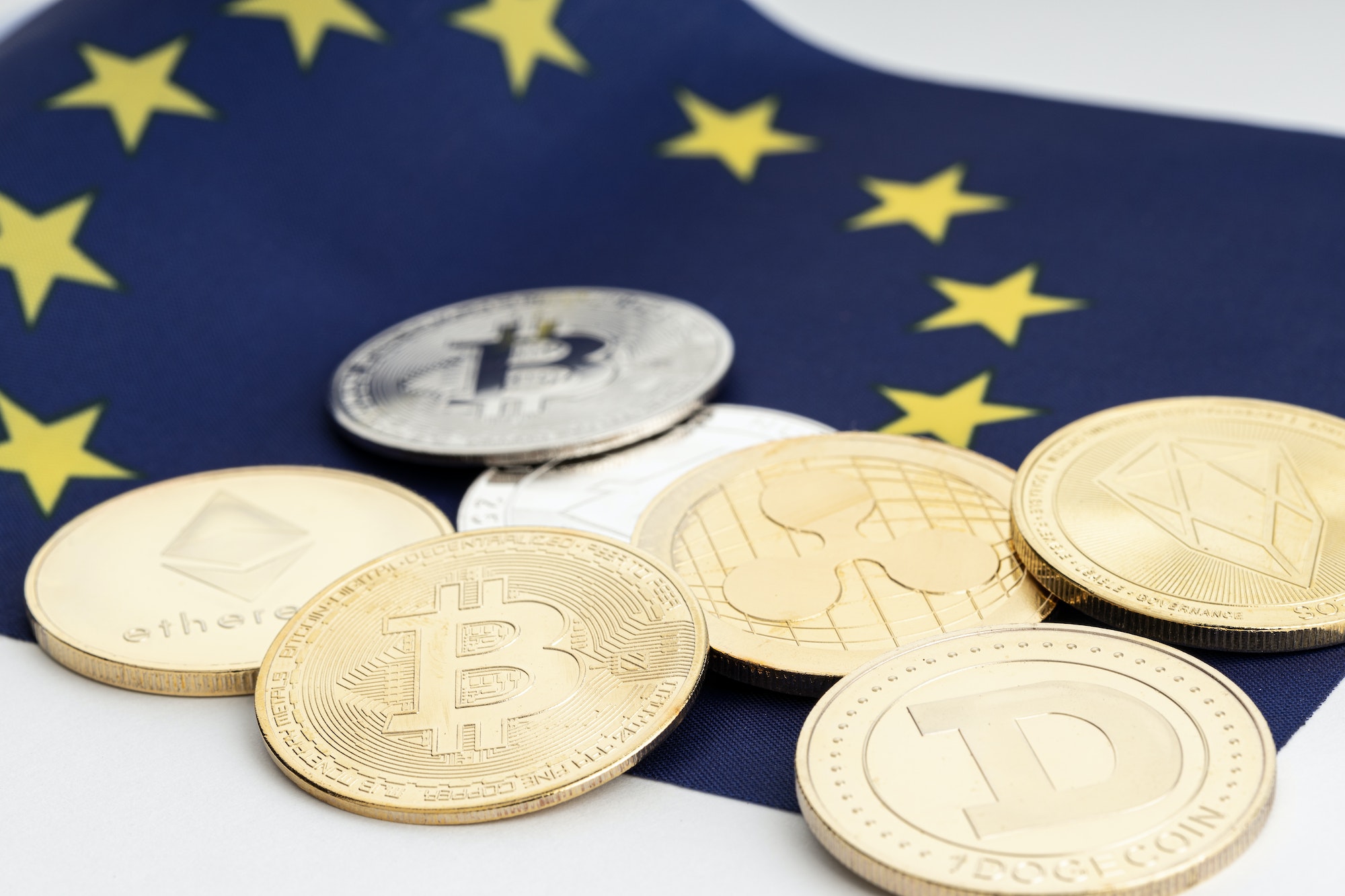 Crypto coins on European Union flag